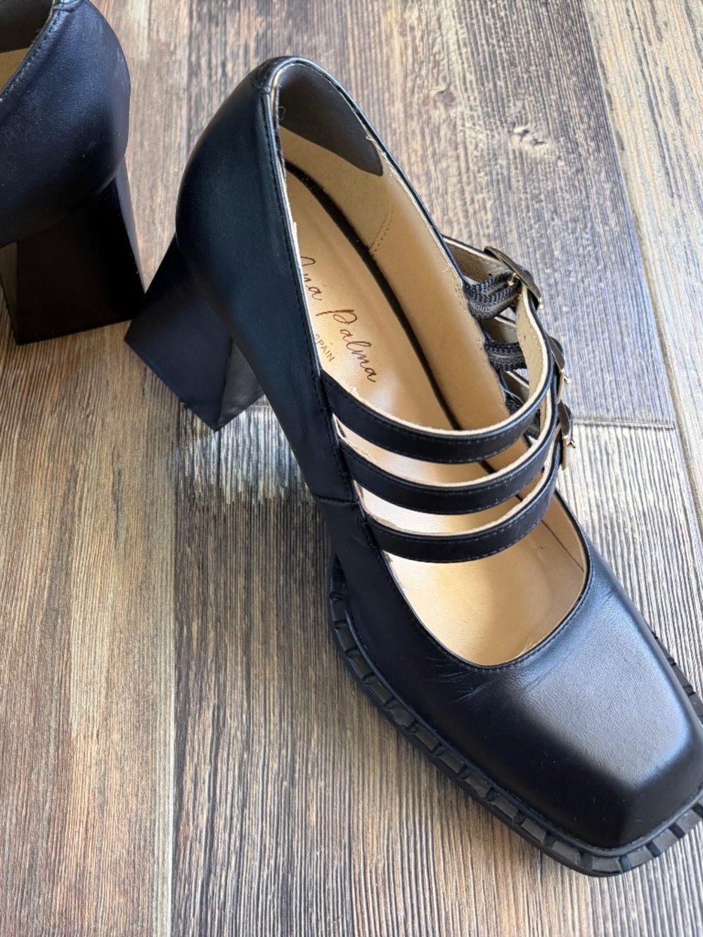 Ana Palma Black Leather Triple Strap Mary Jane Heels EU 38